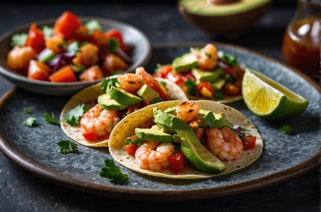 Foto tacos di gamberetti su un piatto di ardesia