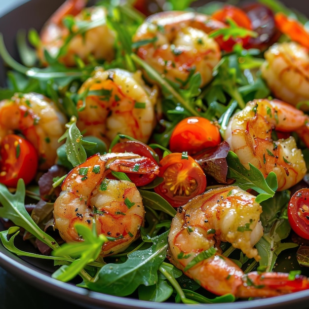 Photo shrimp tomatoes arugula salad mixed seafood salat with fried shrimps greens close up