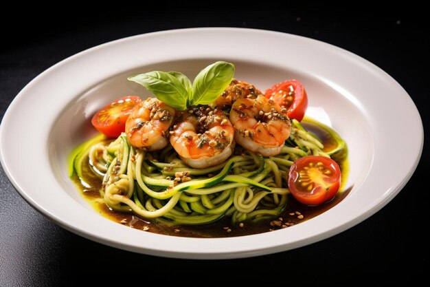 Photo shrimp and vegetable zoodles with pesto sauce