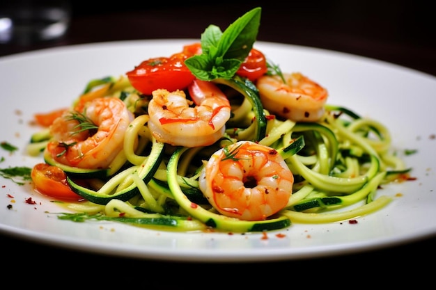 Photo shrimp and vegetable zoodles with pesto sauce