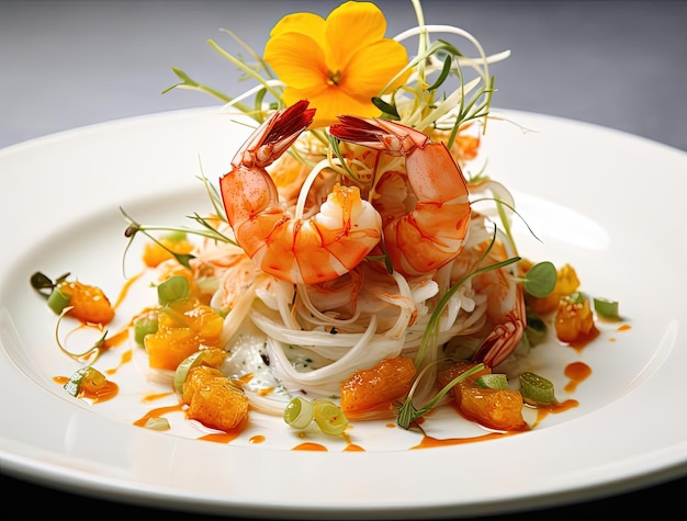 Shrimp and vegetables in white with lemon on top in the style of light teal and dark orange