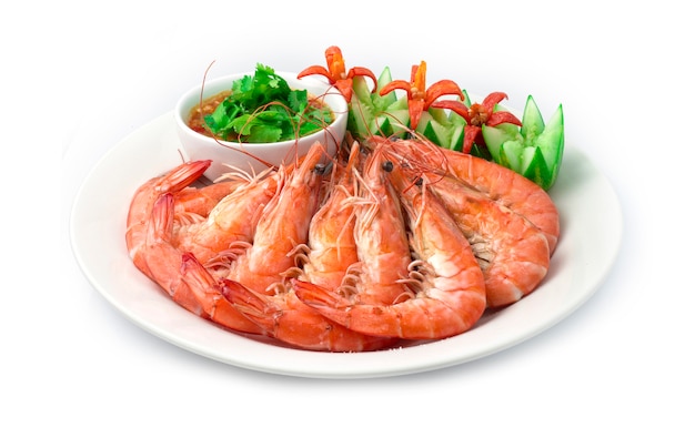 Photo shrimp with bake salt served  seafood spicy sauce