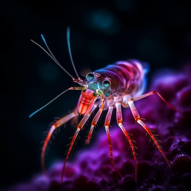 A shrimp with bright colors is shown on a black background