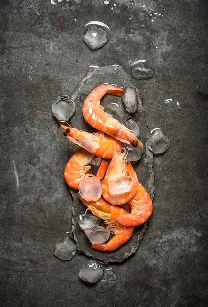 Shrimp with ice on a stone background