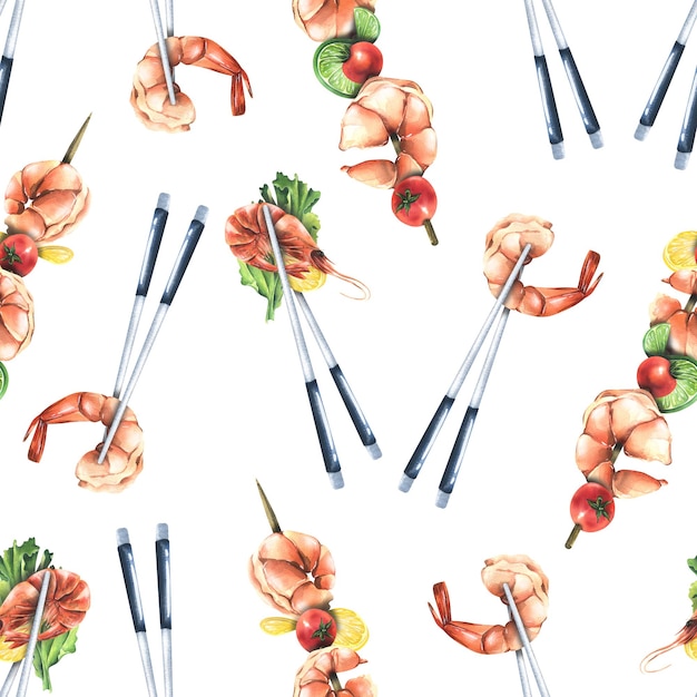 Shrimp with vegetables on chopsticks and on a skewer Watercolor illustration Seamless pattern on a white background from the SHRIMP collection For the design of menus recipes packaging