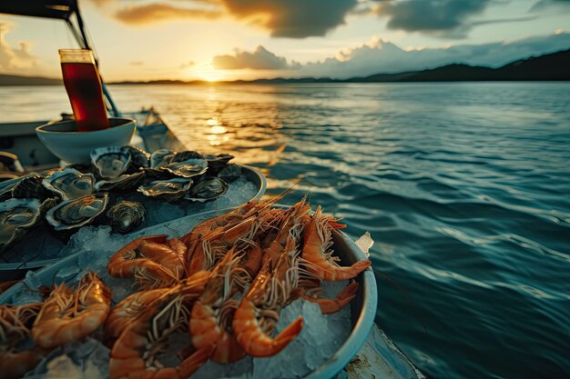 Photo shrimpoysterscrabs on a boat at sea