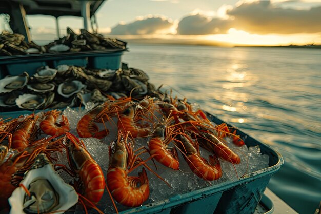 Foto shrimpoysterscrabs su una barca in mare