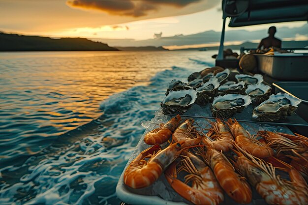 Photo shrimpoysterscrabs on a boat at sea