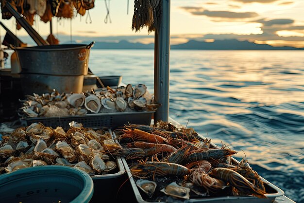 Shrimpoysterscrabs on a boat at sea