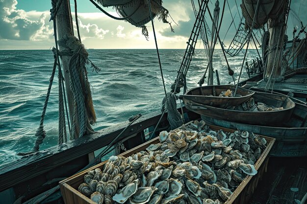 Shrimpoysterscrabs on a boat at sea