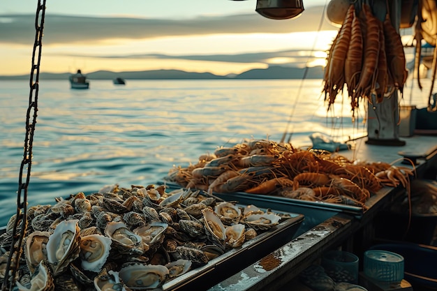 Shrimpoysterscrabs on a boat at sea