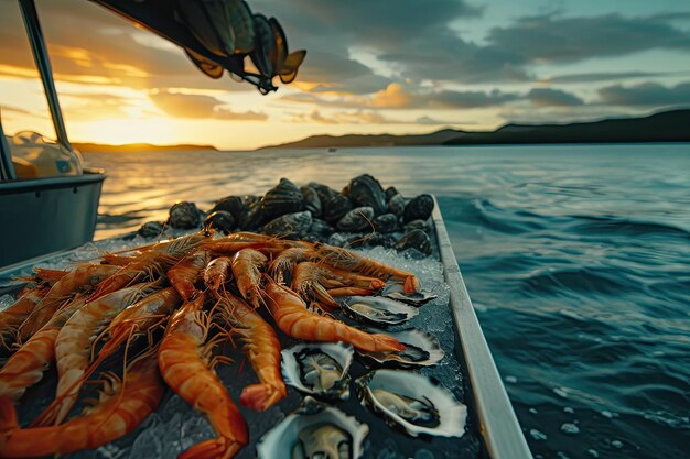 Shrimpoysterscrabs on a boat at sea