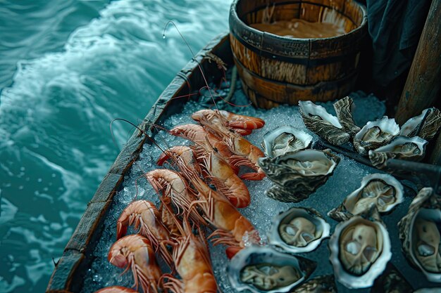 Shrimpoysterscrabs on a boat at sea