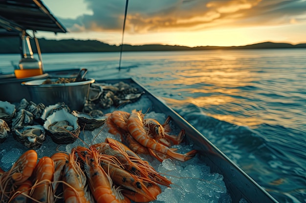 Shrimpoysterscrabs on a boat at sea