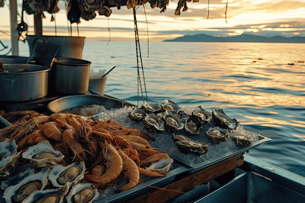 Shrimpoysterscrabs on a boat at sea