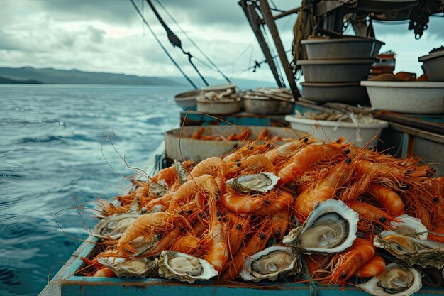 Shrimpoysterscrabs on a boat at sea