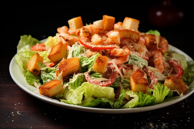 Shrimps caesar salad on the table