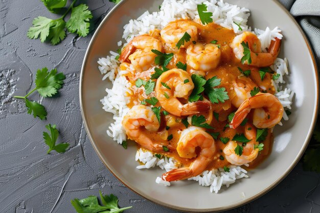 Shrimps in curry sauce and rice on a plate horizontal view from above