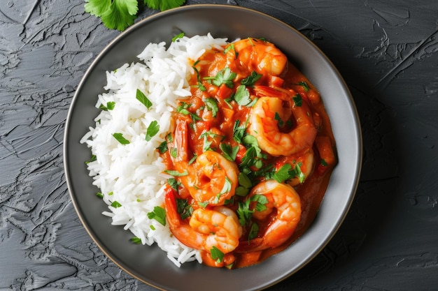 Shrimps in curry sauce and rice on a plate horizontal view from above