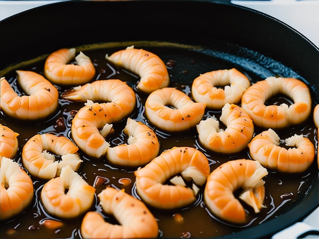 Shrimps frying in oil on pan