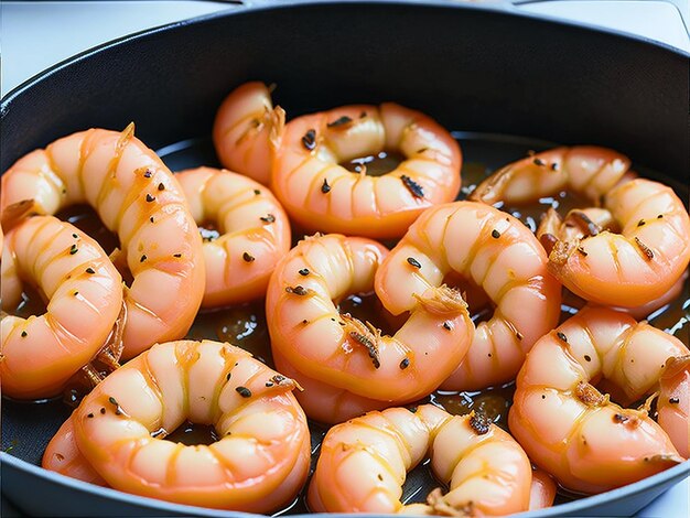 Shrimps frying in oil on pan