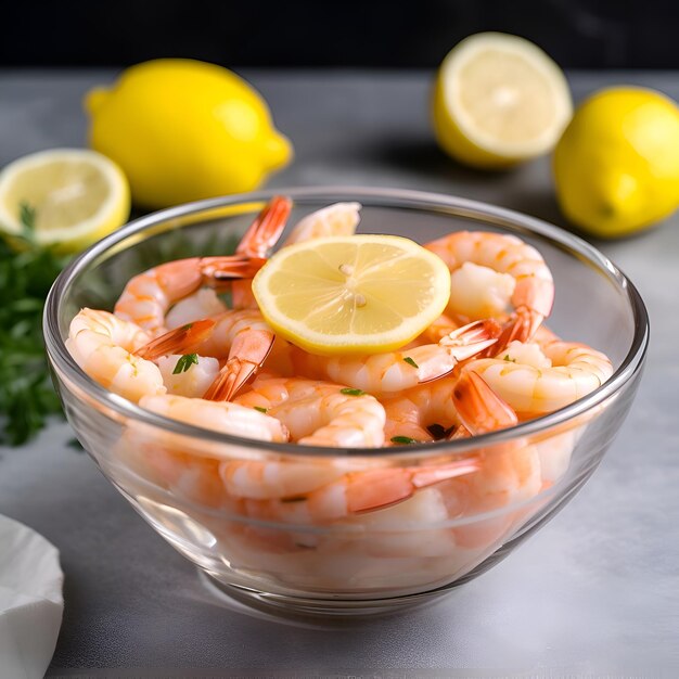 Shrimps in a glass bowl with lemon and parsley on a gray background