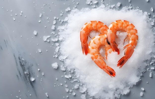 shrimps heart shape on grey snowy background top view