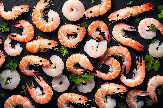 Shrimps prawns on black plate Raw shrimps prawns Seafood Top view Generative AI