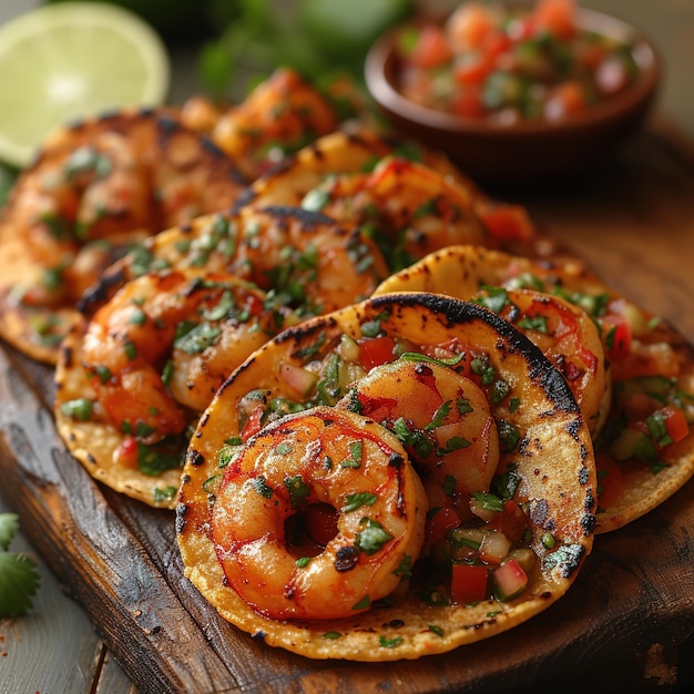 Shrimps tacos with salsa vegetables and avocado Mexican food
