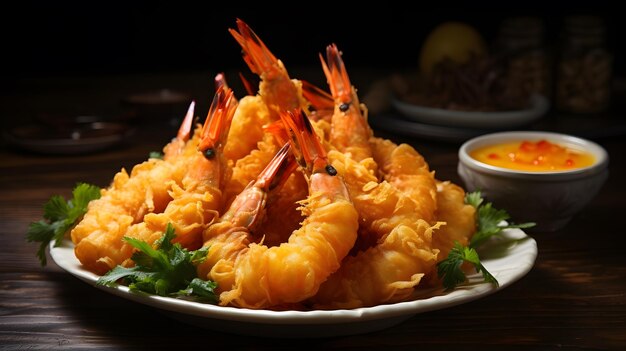 shrimps tempura on plate with soy sauce on black background