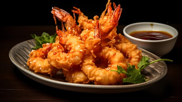 shrimps tempura on plate with soy sauce on black background