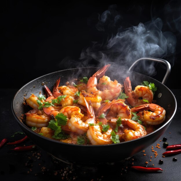 Shrimps with garlic are fried in a wok pan