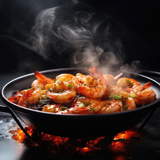 Shrimps with garlic are fried in a wok pan