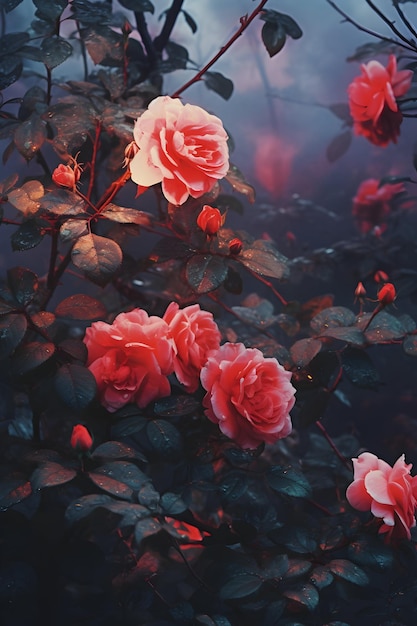 Shrub Blooming Rosebush With Red Petals In Twilight