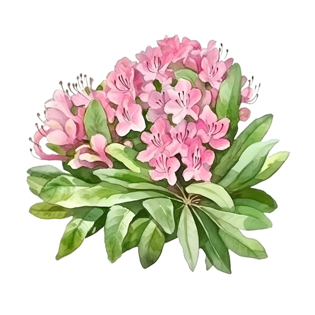 Shrub rhododendron light pink twig with flowers and leaves watercolor hand draw illustration on a white background