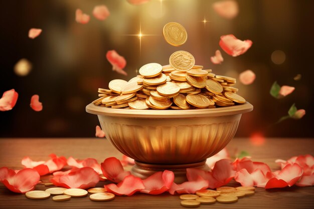 황금 동전 칼라샤와 꽃무늬 디자인을 갖춘 Shubh dhanteras 축제 배경