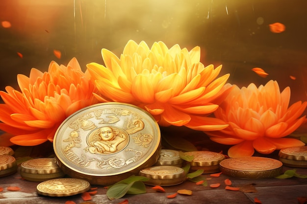 Shubh dhanteras festival background with golden coin kalasha and floral design