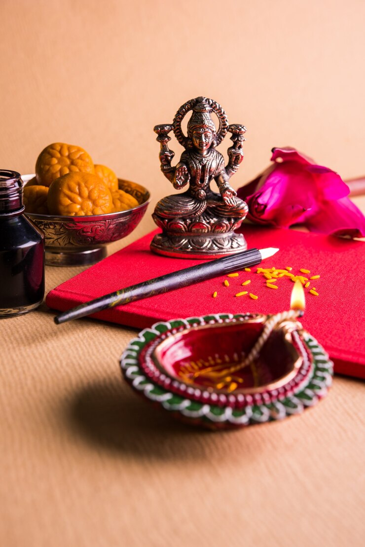 Photo shubha labh written on red accounting note book or bahi khata for laxmi pujan in diwali