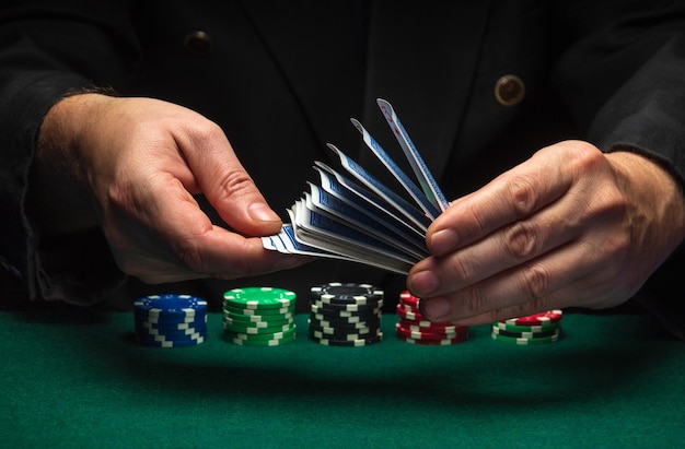 Shuffling of playing cards by the hands of a croupier or a dealer in a poker club