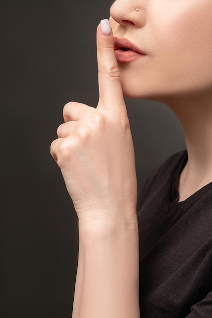 Shush gesture female secret woman shhh finger lips