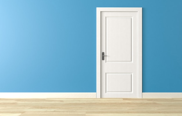 Shut white wooden door on blue wall, white wooden floor. 3d render