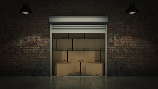 Shutter door or rolling door with cardboard boxes 3D