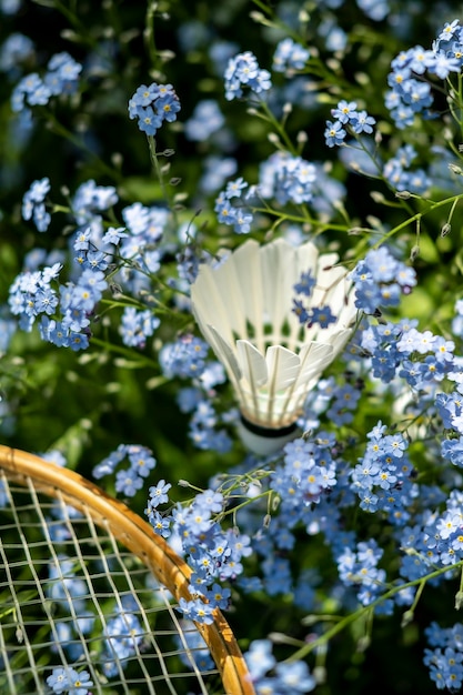 A shuttlecock and a badminton racket lies in beautiful small blue flowers in the garden