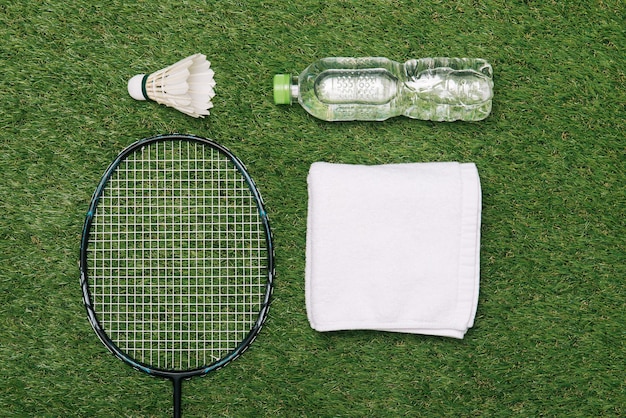 Shuttlecock and badminton racket with shoe, water and towel on grass background.