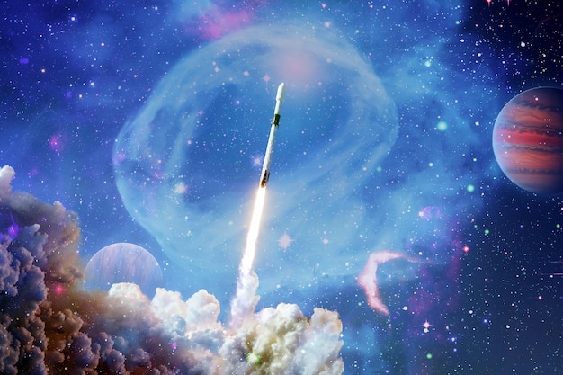 Shuttlelancering in de wolken naar de ruimte Donkere ruimte met sterren op de achtergrondRuimteschipvlucht Elementen van deze afbeelding geleverd door NASA