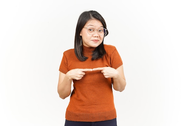 Shy Awkward and pointing finger Together Of Beautiful Asian Woman Isolated On White Background