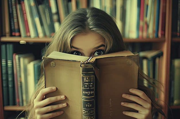 shy girl hiding behind a book in a library