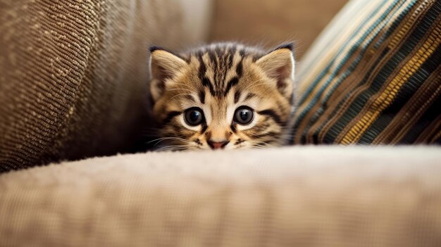 A shy kitten peeking out from behind a couch AI generated