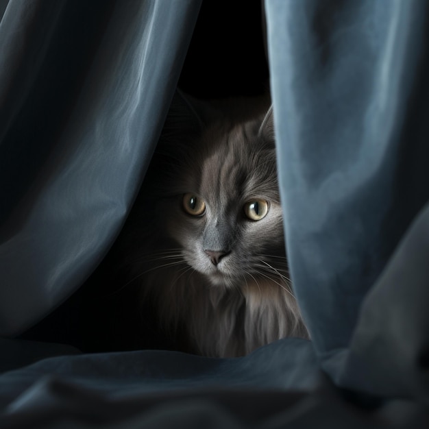Shy Nebelung Cat Hiding Behind Curtain