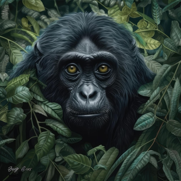 A Siamang Head Wrapped In Green Leaves On A Background Of Leaves Generative AI